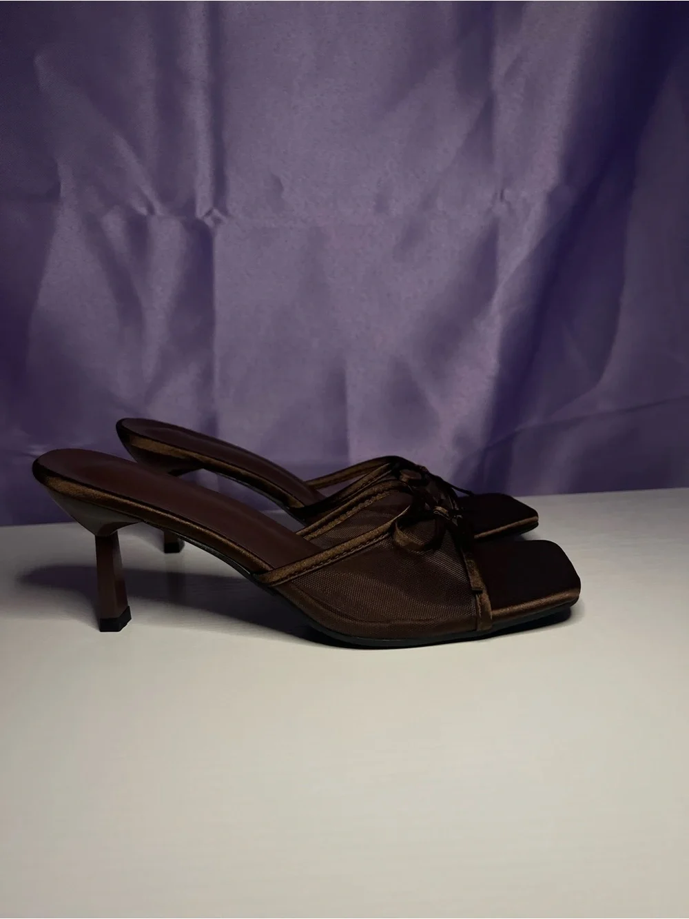 Brown Satin Bow Slide Heels - Women